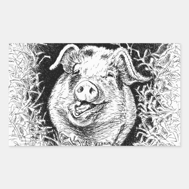 Sticker Rectangulaire dessin d'animal de porc heureux (Devant)