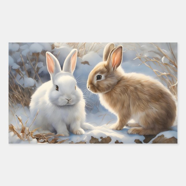 Sticker Rectangulaire Deux lapins lapins adorables Brown et blancs dans  (Devant)