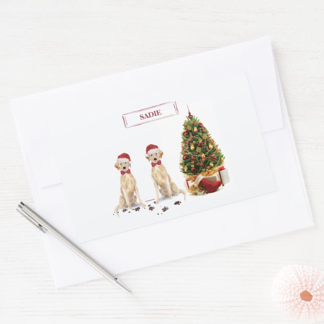 Sticker Rectangulaire Deux récupérateurs du Labrador Drôle chien de Noël (Enveloppe)