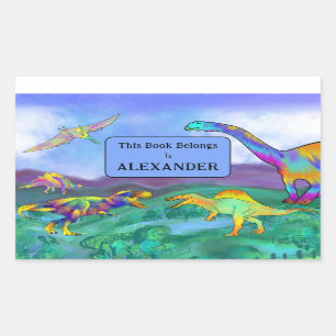 Sticker Rectangulaire Dinosaures Ce Livre Appartient Au Nom Des Enfants