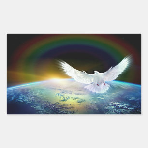 Sticker Rectangulaire Dove of peace holy spirit over earth with Rainbow.