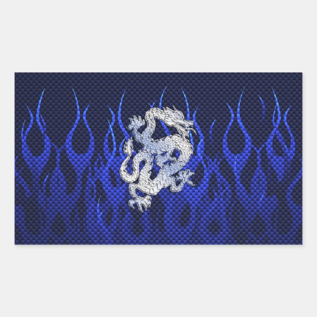 Sticker Rectangulaire Dragon Bleu dans Chrome Styles de fibre de carbone (Devant)