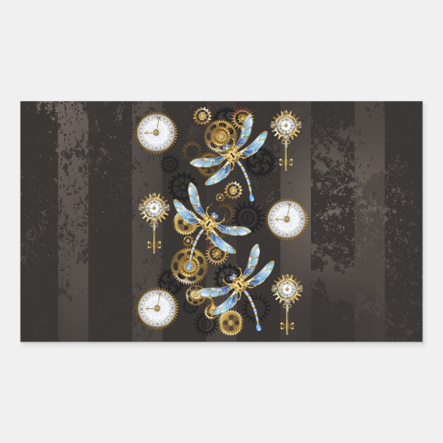 Sticker Rectangulaire Dragonflies de Steampunk sur arrière - plan rayé b (Devant)