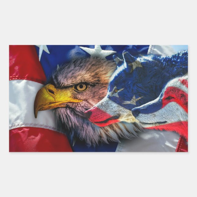 Sticker Rectangulaire Drapeau américain de loup d'aigle chauve Patriotiq (Devant)