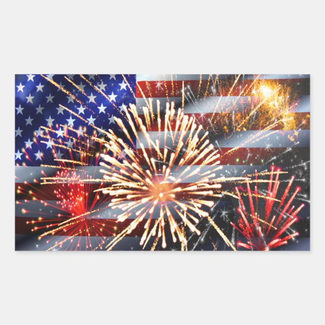 Sticker Rectangulaire Drapeau américain et feux d'artifice (Devant)