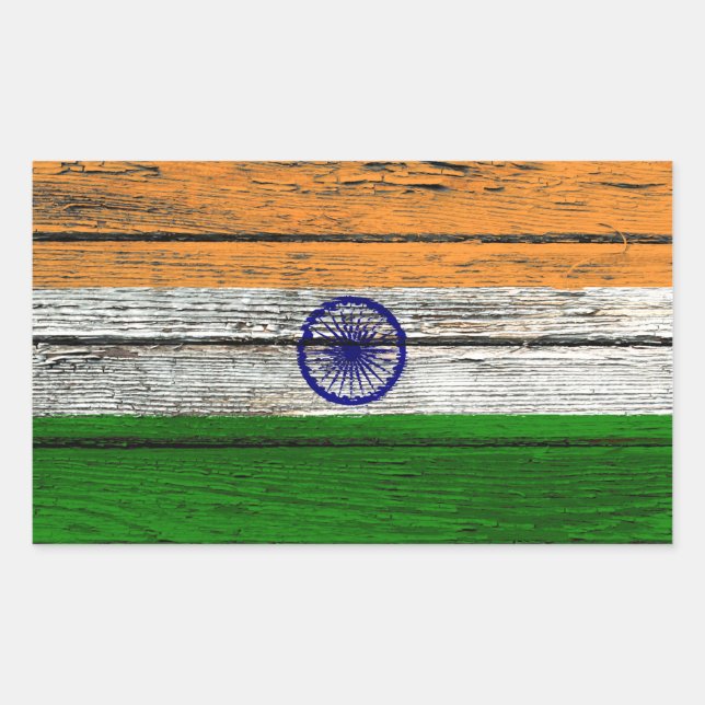Sticker Rectangulaire Drapeau indien avec effet de grain de bois brut (Devant)