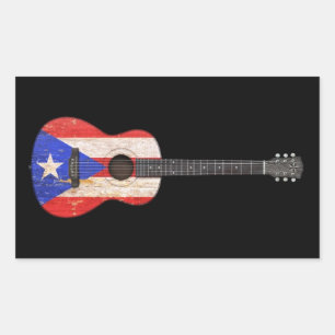 Sticker Rectangulaire Drapeau Porto Rico usé Guitare acoustique, noir
