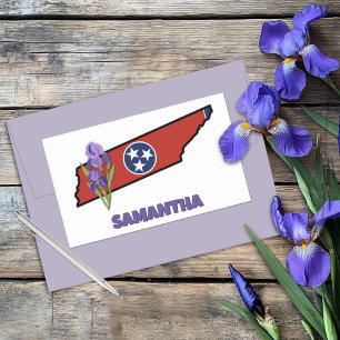 Sticker Rectangulaire Drapeau Tennessee et fleur pourpre Iris texte pers