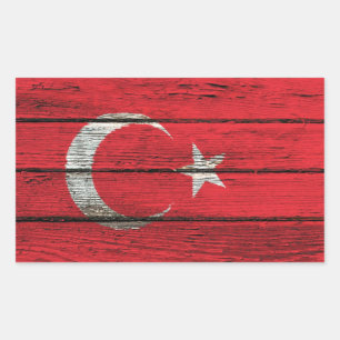 Sticker Rectangulaire Drapeau turc avec effet de grain de bois brut