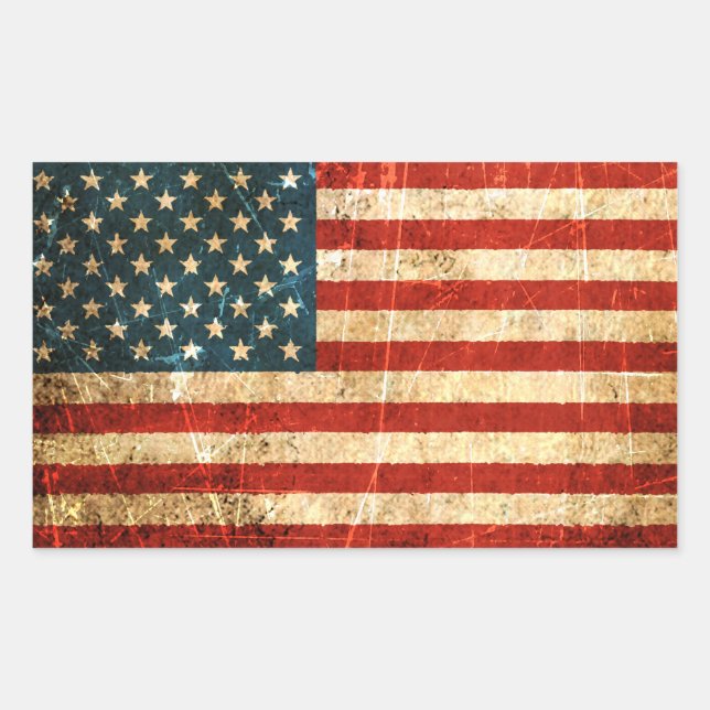 Sticker Rectangulaire Drapeau Vintage américain griffé et usé (Devant)