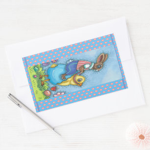 STICKER RECTANGULAIRE EASTER BUNNY ÉQUITATION CUTE POULET EN OEUF BLEU,