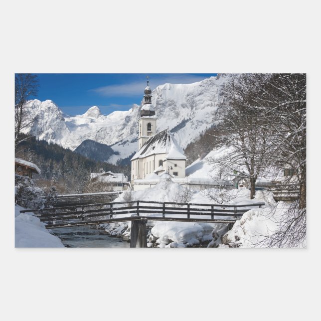 Sticker Rectangulaire Eglise dans la neige avec les Alpes (Devant)