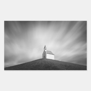 Sticker Rectangulaire Eglise sur une colline en noir et blanc