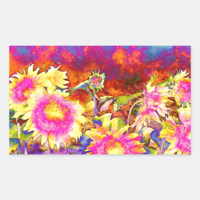 Sticker Rectangulaire Elégant boho retro aquarelle de tournesol champs (Devant)