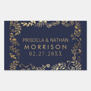 Sticker Rectangulaire Elégant Mariage floral bleu marine