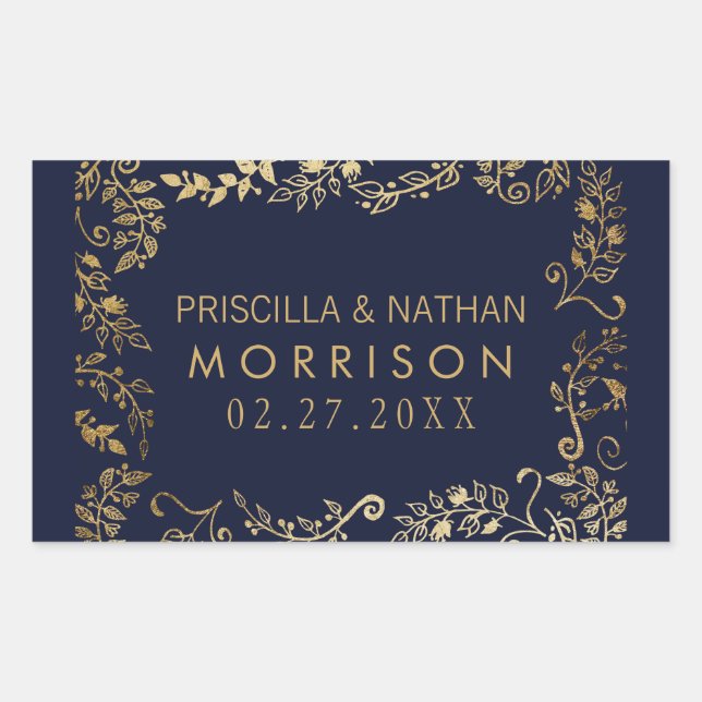 Sticker Rectangulaire Elégant Mariage floral bleu marine (Devant)
