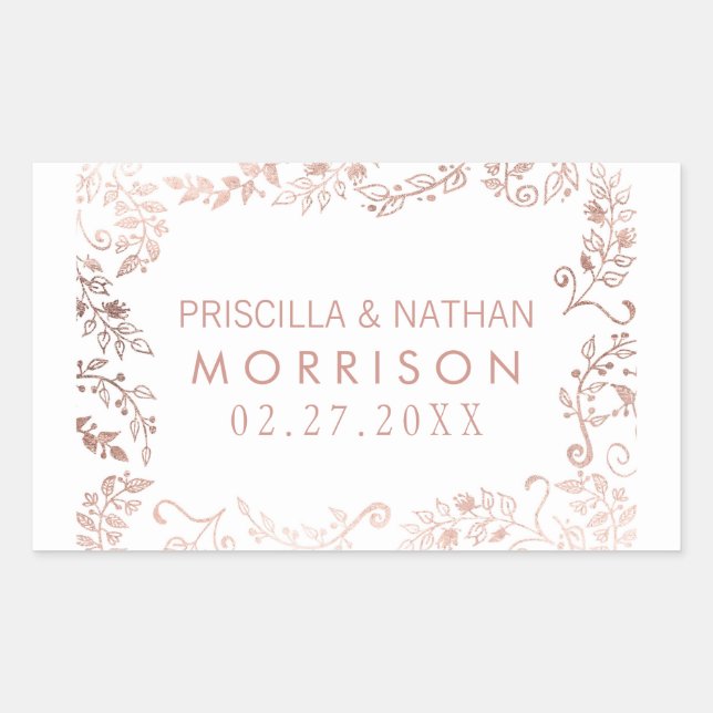 Sticker Rectangulaire Élégant Mariage Floral Rose Blanche Or (Devant)