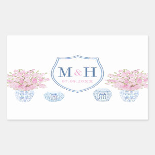 Sticker Rectangulaire Élégant rose et bleu Mariage Monogramme Logo Favor