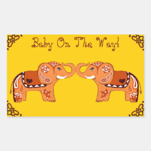 Sticker Rectangulaire Eléphant au henné (orange/rouge) (Baby shower)