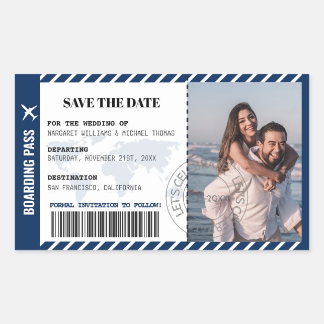 Sticker Rectangulaire Embarquement Pass Enregistrer La Date Carte Mondia (Devant)