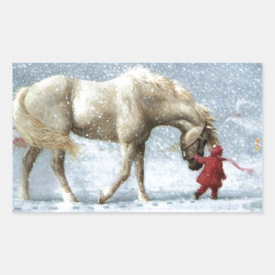 Sticker Rectangulaire Enfant À La Tête D'Un Cheval Dans La Neige