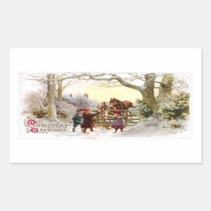 Sticker Rectangulaire Enfants nourrissant les chevaux Antique Noël