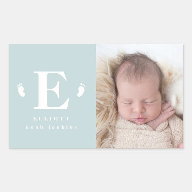 Sticker Rectangulaire faire-part de naissance photo monogramme des pieds (Devant)