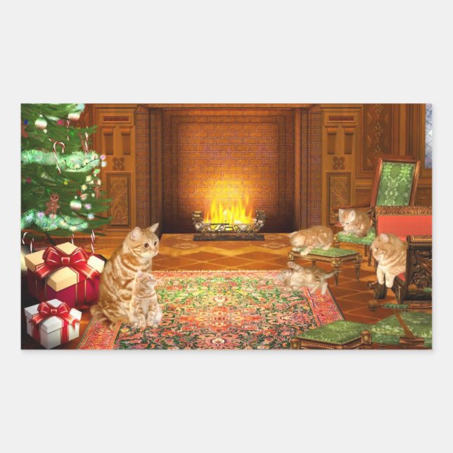 Sticker Rectangulaire Famille de Noël de chat tabby orange (Devant)