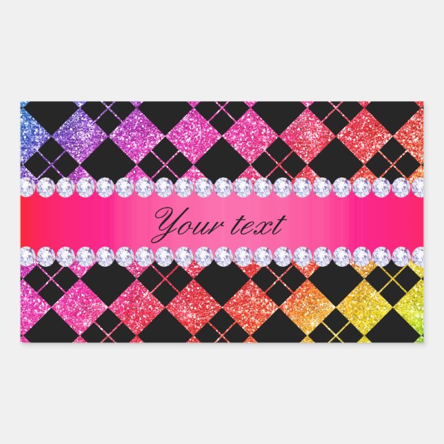 Sticker Rectangulaire Faux Rainbow Neon Diamants de Parties scintillant  (Devant)