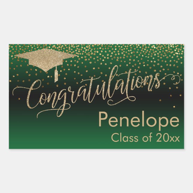 Sticker Rectangulaire Félicitations Gold Confetti Graduation Green (Devant)