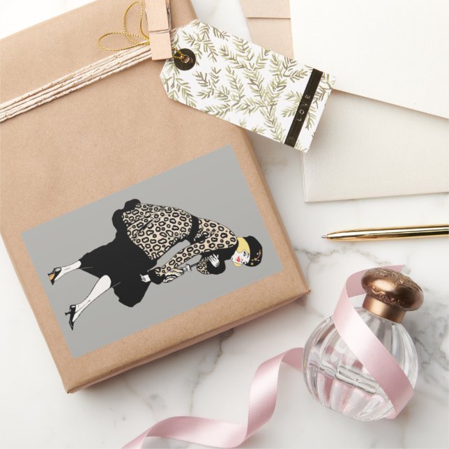 Sticker Rectangulaire Femme Art Déco vintage en veste Empreinte de léopa (Cadeaux)
