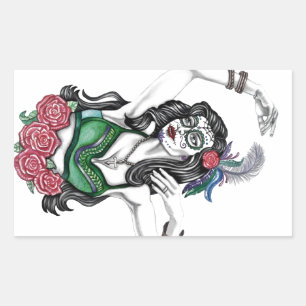 Sticker Rectangulaire Femme crâne de sucre avec Rose