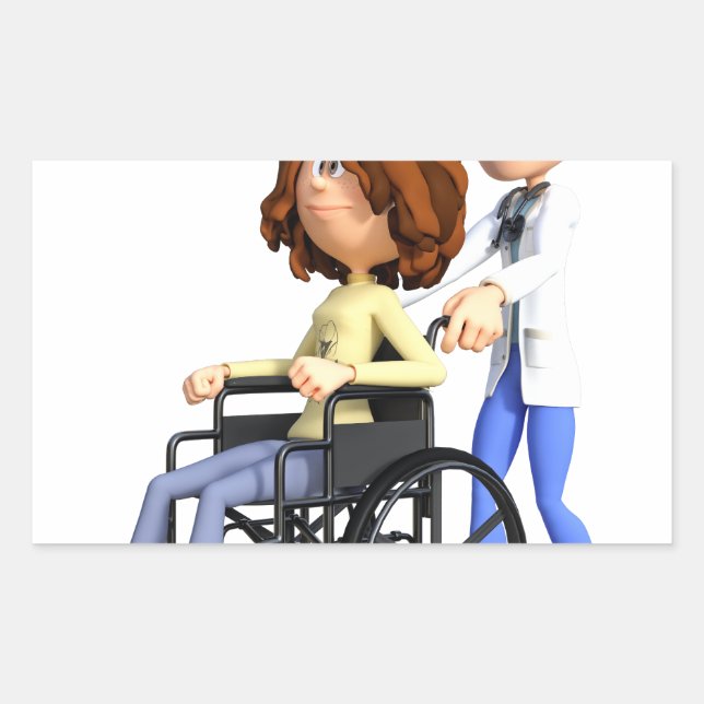 Sticker Rectangulaire Femme de dessin en fauteuil roulant avec médecin (Devant)