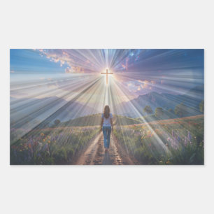 Sticker Rectangulaire Femme marchant vers la Croix lumineuse – Parcours 