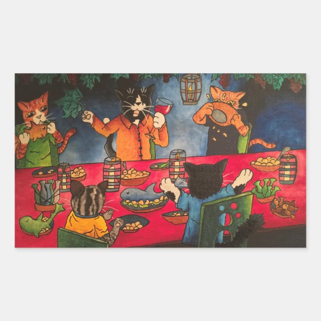 Sticker Rectangulaire Fête de nuit Famille Chats (Devant)
