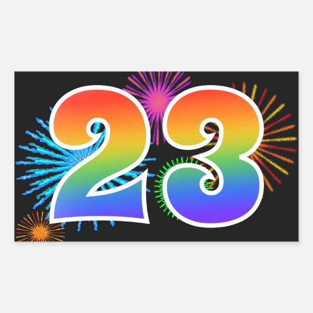 Sticker Rectangulaire Feu d'artifice amusant + motif arc-en-ciel "23" Nu (Devant)