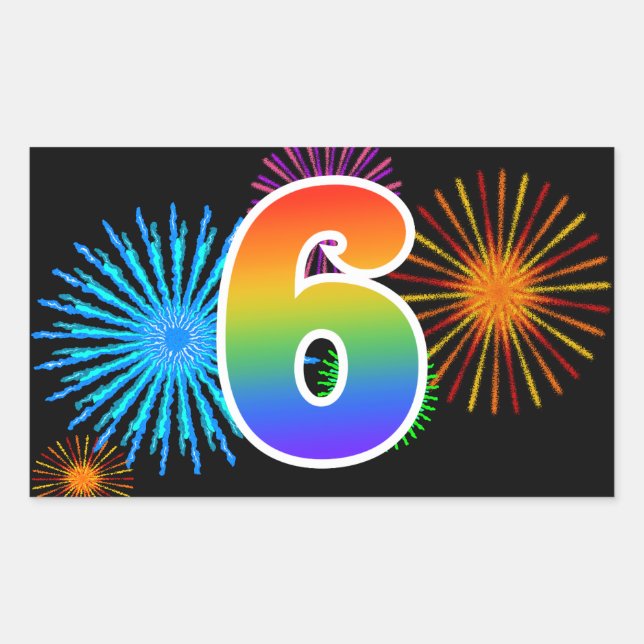 Sticker Rectangulaire Feu d'artifice amusant + motif arc-en-ciel "6" Num (Devant)