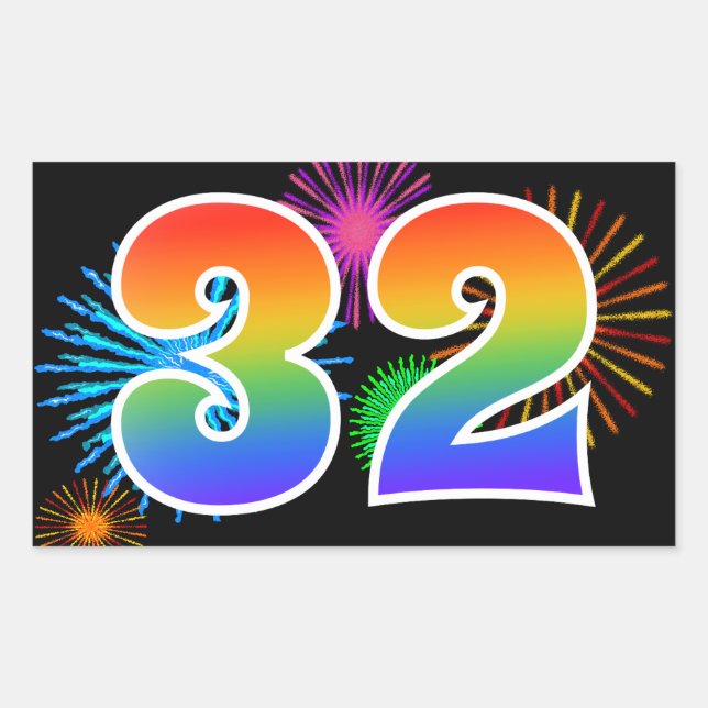 Sticker Rectangulaire Feu d'artifice amusant + motif arc-en-ciel Numéro  (Devant)