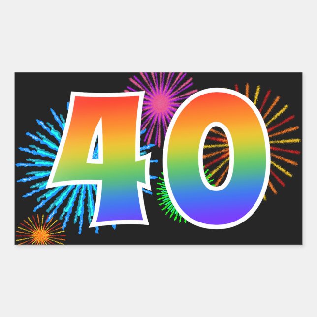 Sticker Rectangulaire Feu d'artifice amusant + motif arc-en-ciel Numéro  (Devant)