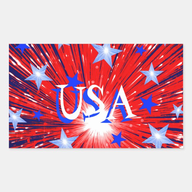 Sticker Rectangulaire Feu d'artifice Rouge Blanc Bleu 'USA' rectangle au (Devant)