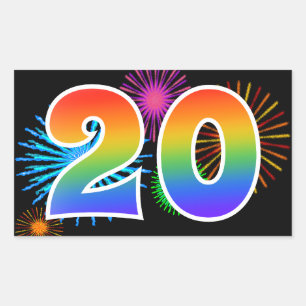 Sticker Rectangulaire Feux d'artifice amusants + Motif arc-en-ciel "20" 
