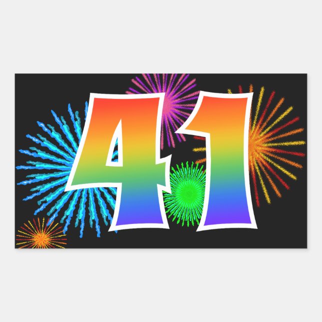 Sticker Rectangulaire Feux d'artifice amusants + Motif arc-en-ciel "41"  (Devant)