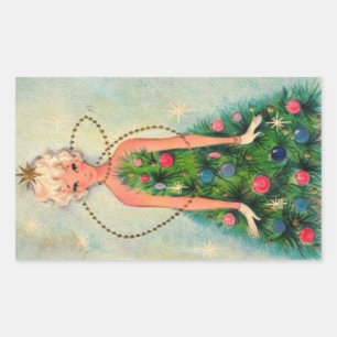 Sticker Rectangulaire Fille d'arbre de Noël Vintage
