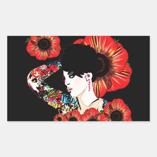 Sticker Rectangulaire Fille tatouée au milieu des fleurs de pavot Art pa (Devant)