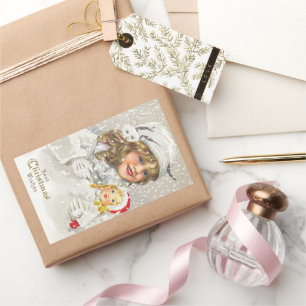 Sticker Rectangulaire Fille victorienne de Noël vintage avec poupée dans