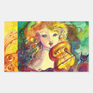 STICKER RECTANGULAIRE FILLE VIOLINISTE, VIOLIN ET CAT