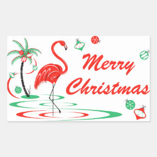 Sticker Rectangulaire Flamant rose de Noël rouge Joyeux rectangle de Noë