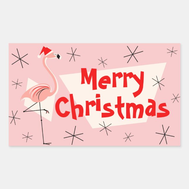 Sticker Rectangulaire Flamant rose Santas rose joyeux rectangle de Noël (Devant)