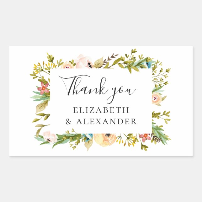 Sticker Rectangulaire Fleur aquarelle. Mariage floral d'été merci (Devant)