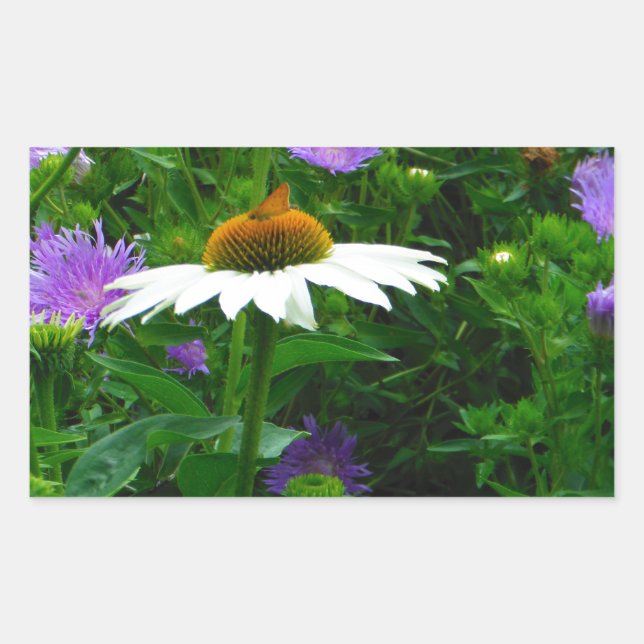 Sticker Rectangulaire Fleur de cône blanc, fleurs pourpres et papillon (Devant)